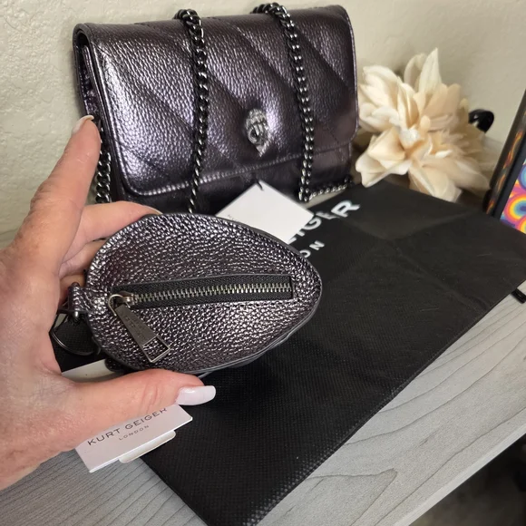 Kurt Geiger Gunmetal Metallic Crossbody/wallet NWT. With Eagle Head Change Pouch - Picture 4 of 12